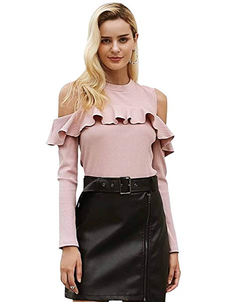 Simplee Women's Autumn Cold Shoulder Long Sleeve Ruffle Sweater Tops Pullover