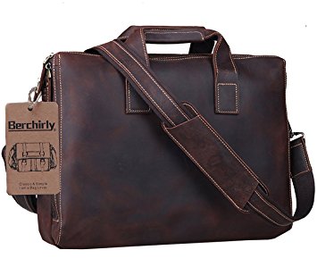Leather Briefcase,Berchirly Men’s Premium Retro Laptop Messenger Bag Carrying Handbag Tote for Men Fits 15 Inch Laptop w/ Soft Leather Shoulder Strap