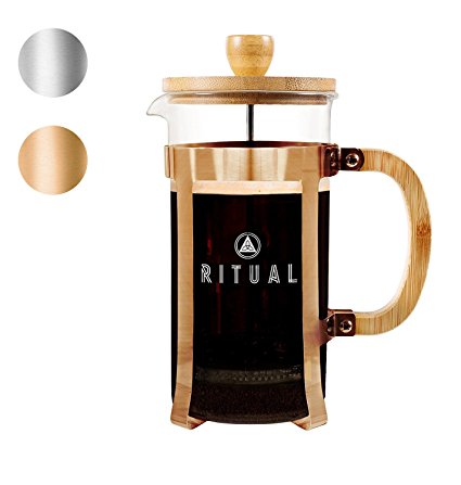 Ritual French Coffee Press, Bamboo Wood, Borosilicate Glass, and Copper Color Frame, Coffee Maker with Bonus Filter 36oz/1000ml