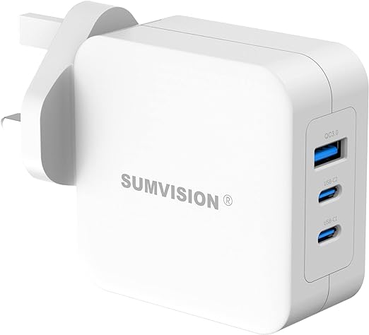 SUMVISION 100W USB C Compact Wall Super Fast Charger Plug Adapter 3 Port GaN PD PPS Compatible with Macbook Pro Dell XPS Laptop iPad Air iPhone 14 Galaxy S23 Ultra Pixel 7 (UK DESIGN UK TECH SUPPORT)