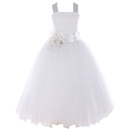 FAYBOX Pageant Wedding Flower Girl Dress Crossed Back Bow Feather Sash Fluffy