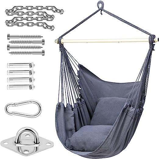 Hanging Chair Cotton Swing Chair with Hardwares, Ohuhu XL Portable Hammock Chair with Cushions Installation Kit Detachable Metal Support Bar Side Pocket for Indoor Outdoor Patio, Max Weight 150KG