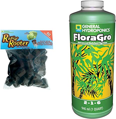 General Hydroponics Rapid Rooter Plant Starters, 50 Plugs & FloraGro 2-1-6, Use with FloraMicro & FloraBloom, Provides Nutrients for Structural & Foliar Growth, Ideal for Hydroponics, 1-Quart
