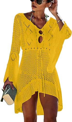 Bsubseach Women Crochet Swimsuit Cover Up Hollow Out Flare Sleeve Beach Dress