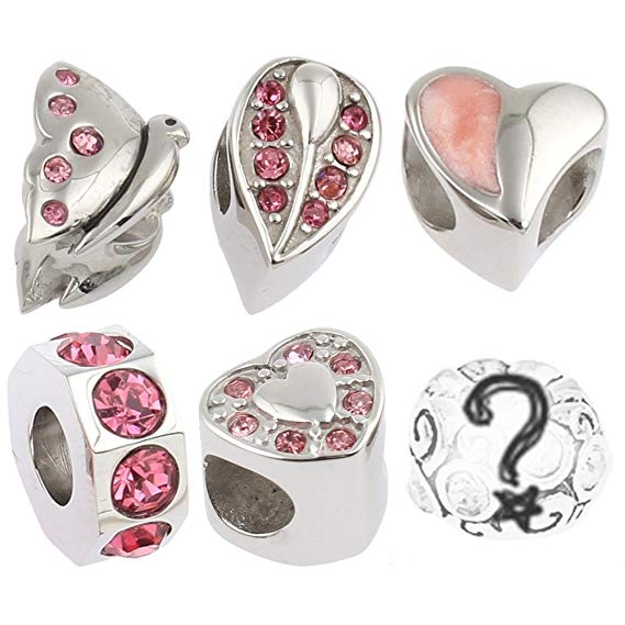 Pink Rhinestone Charms for European Charm Bracelets Stainless Steel Butterfly Hearts