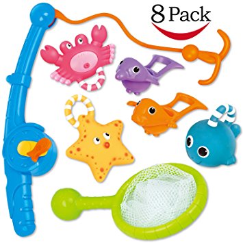 Bath Toy, Fishing Floating Squirts Toy and Water Scoop With Organizer Bag(8 Pack), Funcorn Toys Fish Net Game in Bathtub Bathroom Pool Bath Time for Kids Toddler Baby Boys Girls, Bath Tub Spoon