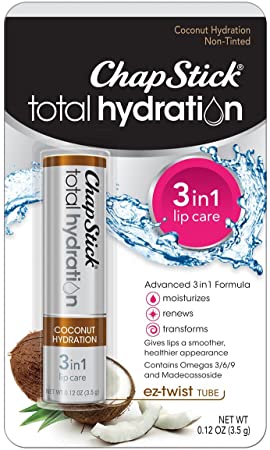 ChapStick Total Hydration (Coconut Hydration Flavor, 1 Blister Pack of 1 Stick) Flavored Lip Balm Tube, 3 in 1 Lip Care, Contains Omegas 3/6/9, 0.12 Ounce
