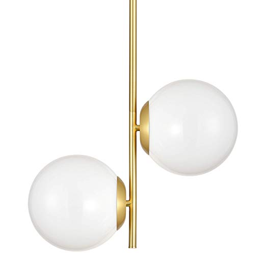 Caserti Mid Century Modern 2 Light Pendant Lighting | Satin Brass with Milk Glass Globes Hanging Chandelier Light Fixture LL-P619-3SB