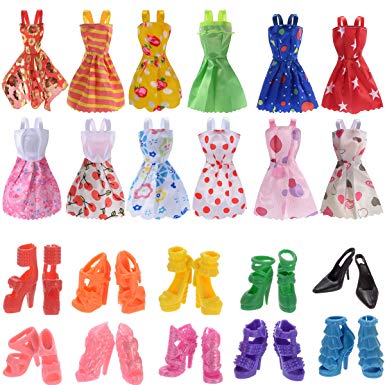 Doll Accessories 12 Pcs Mixed Doll Clothes Dress and 10 Pairs Doll Shoes Fit For Barbie Doll Girl Birthday Christmas Gift