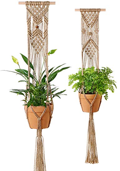 Mkono Plant Hangers Indoor Wall Hanging Planter Basket Macrame Jute Rope Boho Hippie Home Decor, Set of 2