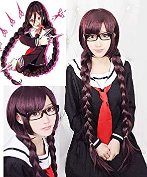 Anogol Hair Cap  Wine Red Long Braided Purple Cosplay Wig for Party Costume
