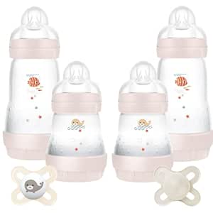 MAM Feed and Soothe Set, Anti-Colic Newborn Bottle Set Complete with Baby Soothers, Suitable from 0  Months, Ideal Baby Gift Set For New Parents, Grey(Designs May Vary)