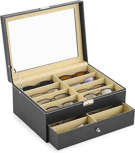 CO-Z 16 Compartment Sunglasses Organizer, Leather Eyeglasses Storage Box for Women Men, Lockable Eyewear Display Case with Drawer, Glasses Holder with 16 Slots for Watches Jewelry Collection, Black