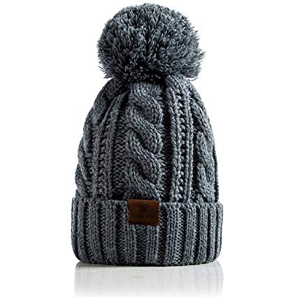 PAGE ONE Women Winter Knit Hat Warm Fleece Lined Pom Pom Beanie Hat