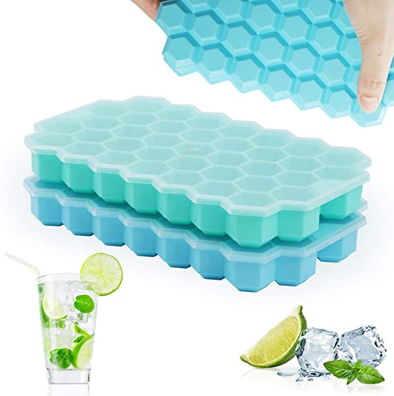 Ice Cube Trays, TGJOR 2 Pack Silicone Flexible Ice Cube Molds with Lid, 74 Cubes Ice Trays for Chilled Drinks, Whiskey & Cocktails, Stackable Flexible Safe Ice Cube Molds (green blue)
