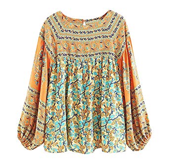 R.Vivimos Women's Autumn Long Sleeve Cotton Floral Print Casual Loose Tops Boho Blouses Shirts