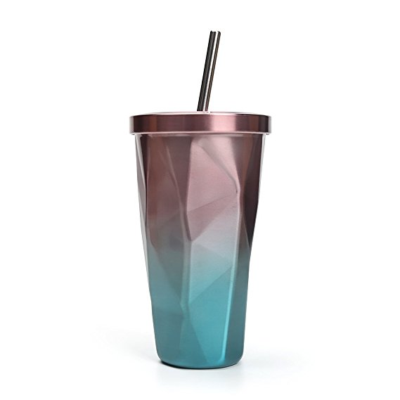 Gradient Color Mug Leakproof Travel Office Mug Stainless Steel Tumbler Insulated Cup with Straw Double Wall Drinking Cups (Purple and Blue)