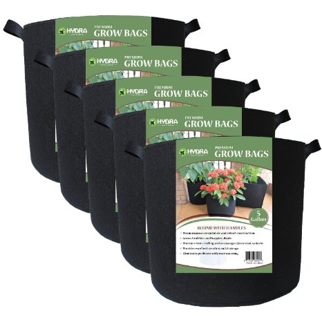 Grow Bags Fabric Planter Raised Bed Aeration Container 5 Pack Black (5 Gallon with Handles)