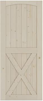 SmartStandard 36in x 84in Sliding Barn Wood Door Pre-Drilled Ready to Assemble, DIY Unfinished Solid Spruce Wood Panelled Slab, Single Door Only, Natural, Arc & Single X-Frame (Fit 6FT-6.6FT Rail)