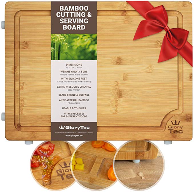 EXTRA LARGE Bamboo Cutting Board for Kitchen - Wide Groove on one side reversible with 2 Compartments for different foods - Professional Grade Cuttingboard, Butcher Block