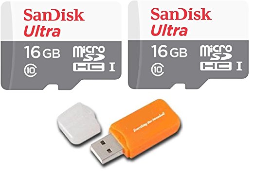 Sandisk Ultra micro SDHC Micro SD UHS-1 TF Memory Card 16GB 16G (Two Pack 16GB x 2 =32GB) Class 10 & Everything But Stromboli Memory Card Reader