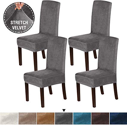 H.VERSAILTEX 4PCS Real Velvet Dining Room Chair Slipcovers Super Stretch Spill Resistant Removable Washable Anti-Dust High Dining Chair Protectors Slipcovers Dining Chair Covers(Gray)