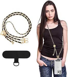 MoKo Universal Phone Lanyard, Adjustable Metal Cell Phone Chain Crossbody Strap Anti-Theft Detachable Women Cellphone Lanyards Around the Neck with Patches for iPhone, Most Smartphones,Black