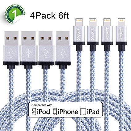 Xcords(TM) Lightning Cable, 4Pack 6FT Nylon Braided 8 Pin iPhone Charging Cable Cord Compatible with iPhone 7/7  /6s /6s  /6  /6 /5s /5c /5 /iPad Mini /iPad Air /iPad5 /iPod iOS10(White)