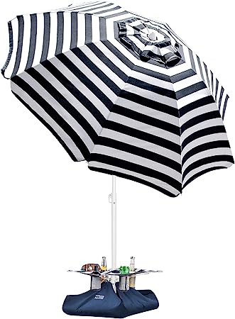 OutdoorMaster Beach Umbrella with Sand Bag - 6.5ft Beach Umbrella with Sand Anchor, UPF 50  PU Coating with Carry Bag for Patio and Outdoor (New Version-Navy Striped with Cup Holder)