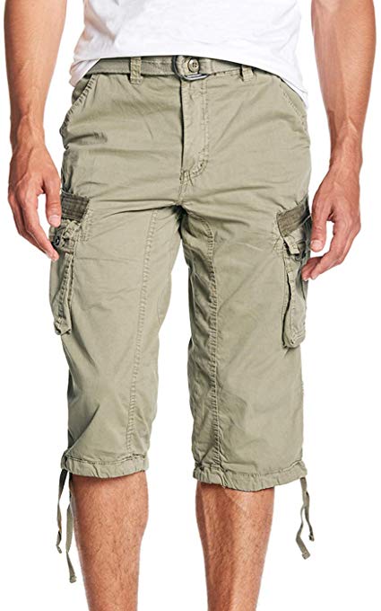 Men's Belted Tactical Cargo Long Shorts 18" Inseam Below Knee Length Multi Pocket 3/4 Capri Pants