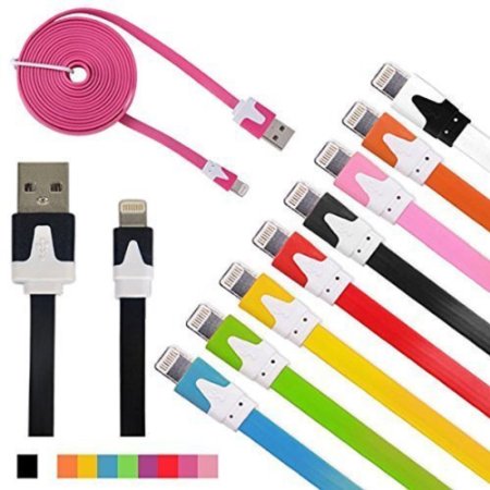 JustJamz HIGH QUALITY 10 Foot 3 Meter 5-PACK Multi-Color Flat Noodle Lightning to USB Cable for iPhone 6S/6S Plus/6/6 Plus/5s/5/5c - 8 pin to USB (Assorted Colors)
