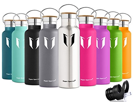 Super Sparrow Stainless Steel Vacuum Insulated Water Bottle, Double Wall Design,Standard Mouth - 500ml & 750ml & 1000ml - Eco Friendly & BPA Free - For Running, Gym, Yoga,Cycling, Outdoors and Camping, Car - Ideal as Sports Water Bottle - with 2 Exchangeable Caps   Bottle Pouch