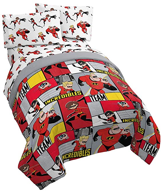 Jay Franco Disney/Pixar Incredibles Super Family 4 Piece Twin Bed Set - Includes Reversible Comforter & Sheet Set - Super Soft Fade Resistant Polyester - (Official Disney/Pixar Product)