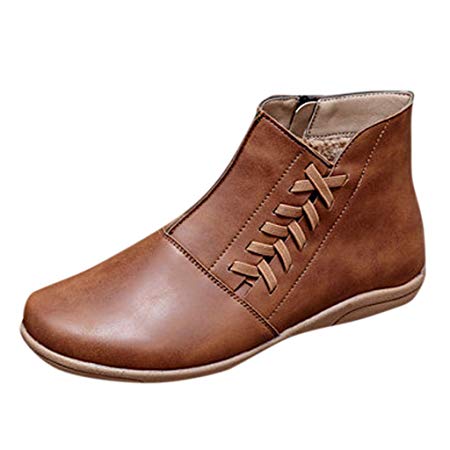 Women's Leather Casual Flat Bootie | Ladies Archs Support Comfy Ankle Boots Vintage Waterproof Short Boots (5.5 M US, Brown)