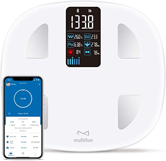 Body Fat Scale with Heart Rate Tracking, Multifun Smart Wireless Digital Bathroom BMI Weight Scale, Bluetooth Body Composition Analyzer with Smartphone App, 15 Key Fitness Compositions, 397 lbs