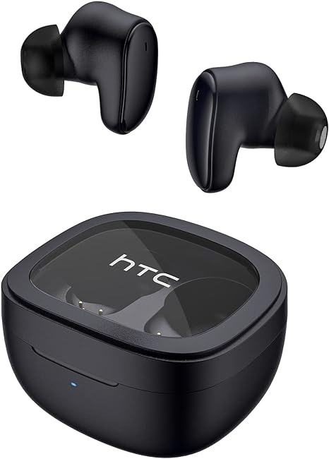HTC True Wireless Bluetooth Earbuds 9 Bluetooth 5.3, in-Ear Earphones Transparent Case Design with Wireless Charging Fuction, 24Hour Playtime/Game Modes/Built-in Mic/Touch Control -Black