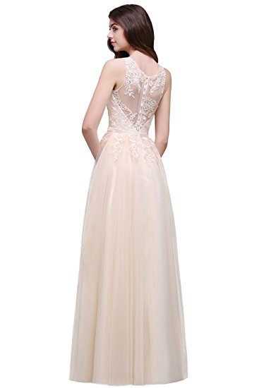 Babyonline Women Sheer Lace Illusion Back Evening Gowns Long Ball Gala Dress