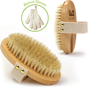 ZEN ME Premium Dry Brushing Body Brush - Bonus Exfoliating Scrub Gloves - Best for Skin Brushing and Exfoliation – Natural Bristle Body Brush – For Cellulite Treatment and Healthy Skin