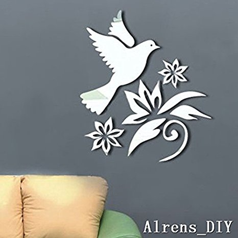 Alrens_DIY(TM)Peace Dove Pigeon Flowers Olive Branches Crystal Reflective DIY Mirror Effect 3D Wall Stickers Home Decoration Decor Mural Decal adesivo de parede Removable