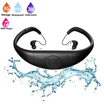 Tayogo Upgraded Waterproof Mp3 Player Headset Music Player, 8GB Memory, Earphones for Swimming, Surfing, Running, Sports and Diving-Black