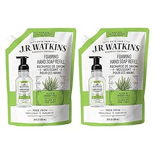 J.R. Watkins Foaming Hand Soap Refill Pouch, Scented Foam Handsoap for Bathroom or Kitchen, USA Made and Cruelty Free, 28 fl oz, Aloe & Green Tea, 2 Pack