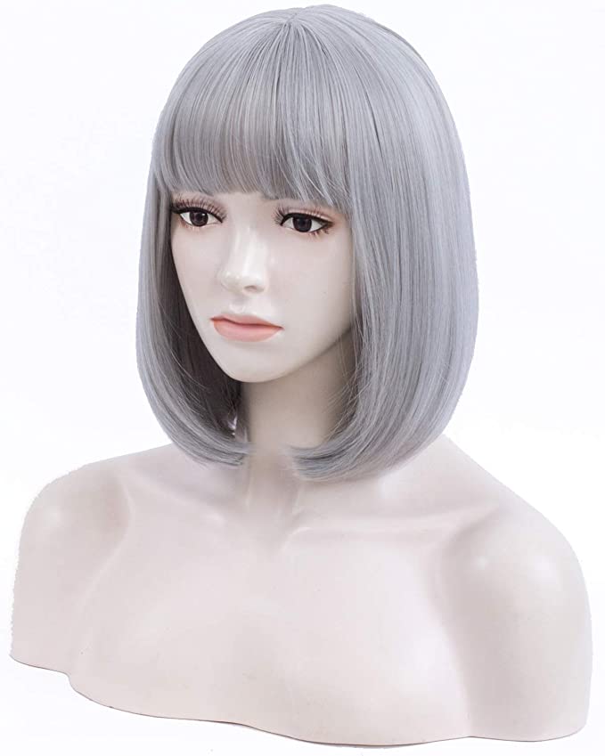 Netgo Short Bob Wigs for Women, Natural Looking Heat Resistant Straight Wigs with Bangs for Girls Ladies Cosplay Party Daily Wear Premium Durable (12 inch, Silver Gray)