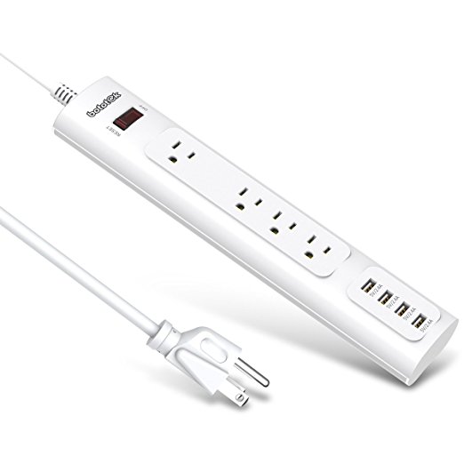 Bototek 1250W 4-outlet power strip surge protector with 4 USB Charging ports and 6ft Heavy Duty Extension Cord, for smart phones & tablets, White