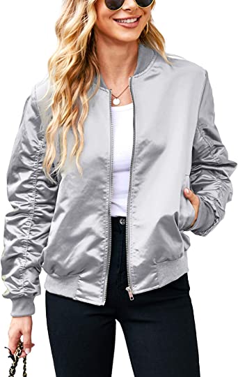 ACEVOG Women Fashion Satin Bomber Jacket Zip Up Casual Jacket Coat with Pocket Outfit