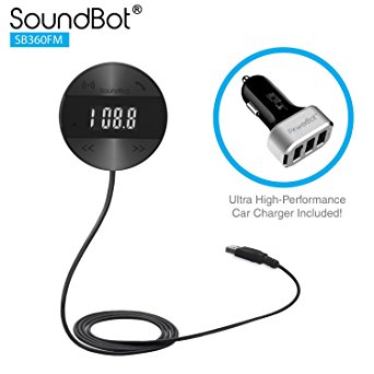 SoundBot SB360FM FM RADIO Wireless Transmitter Receiver Adapter Universal Bluetooth 4.0 Car Kit Music Streaming & HandsFree Talking Dongle 3Port USB Car Charger Bundle  Magnetic Mount No AUX Required