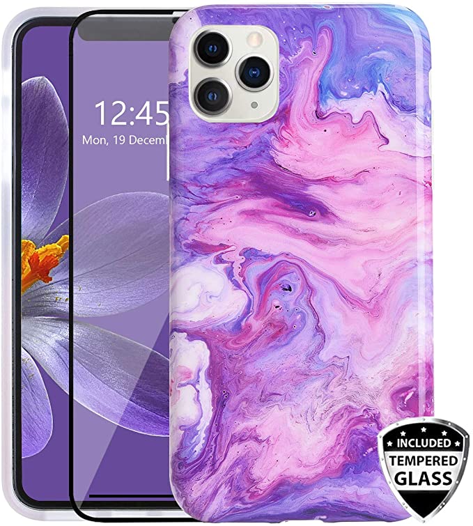 DICHEER iPhone 11 Pro Case with Glass Screen Protector,Cute Marble for Men Women Girls,Clear Bumper Glossy TPU Silicon Rubber Soft Cover Anti Scratch Protective Phone Case for iPhone 11 Pro 2019