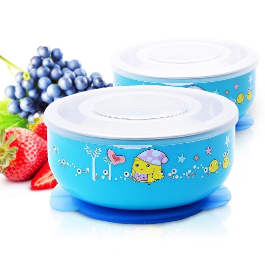Baby Mate 2 PCS Detachable Double Layer Stay Put Suction Bowls with Lids (12oz/350ml, Blue) - Stainless Steel Feeding Set for Kids - Anti-Scald Suction Bowls for Toddlers - Baby Shower Gifts