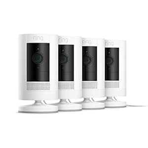 Ring Stick Up Cam Plug-In | Weather-Resistant Outdoor Camera, Live View, Color Night Vision, Two-way Talk, Motion alerts, Works with Alexa | 4-Pack | White