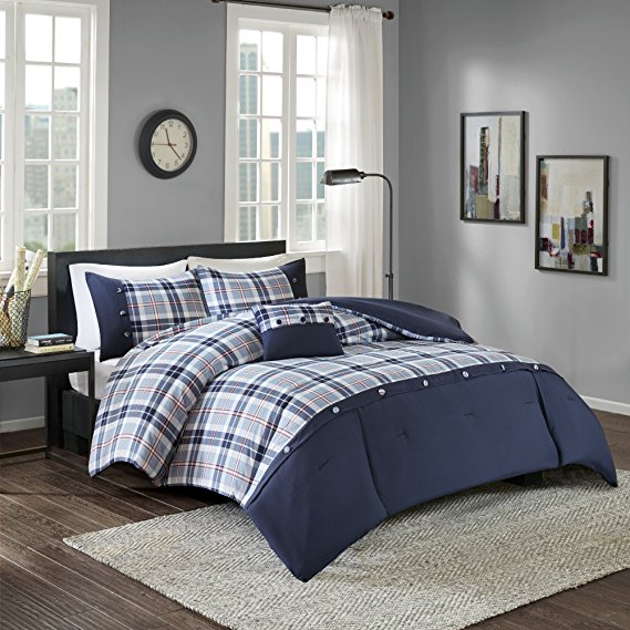 Comfort Spaces Harvey Comforter Set - 3 Piece - Blue - Multi-Color Plaid - Perfect For College Dormitory, Guest Room - Twin/Twin XL Size, includes 1 Comforter, 1 Sham, 1 Decorative Pillow