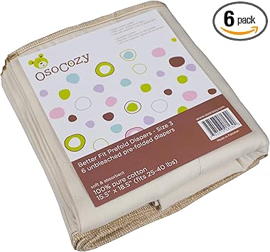 OsoCozy Better Fit Unbleached Prefold Cloth Diapers -100% Cotton, Gauze Weave, Sized for Tri Folding - Diaper Service Quality (DSQ) (Toddler 4x8x4 Fits 25-40 lb.) - 6 Pack